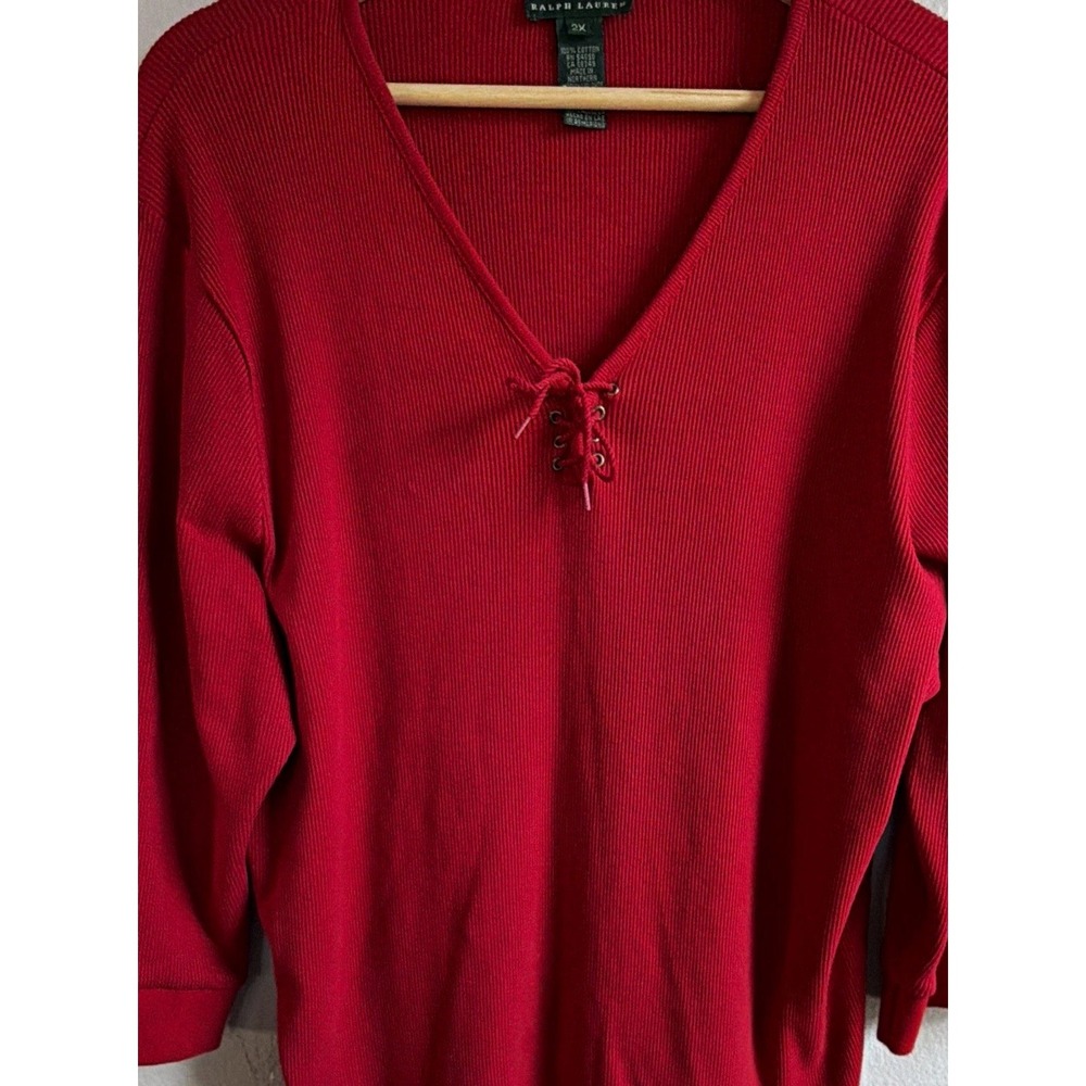 Lauren Ralph Lauren Women's Red Cotton Knit V-Neck Lace-Up Top 2X Plus